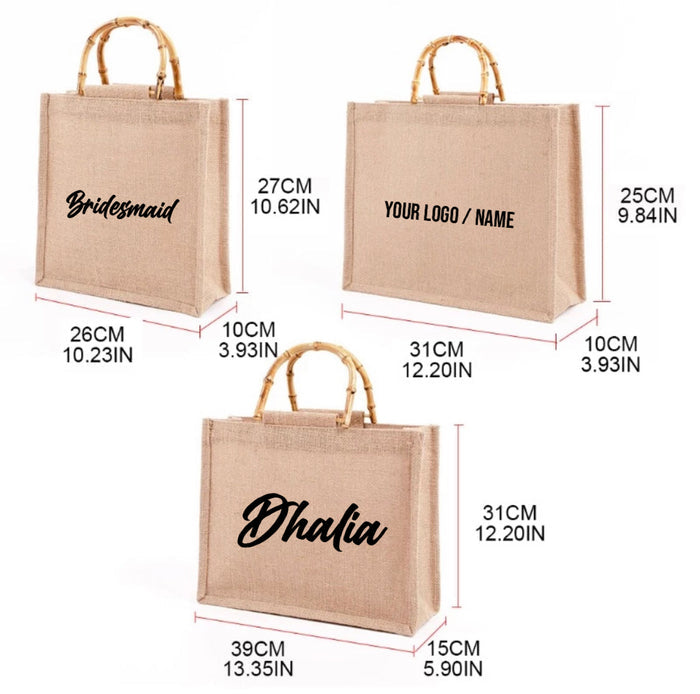 Personalized eco friendly tote bags with bamboo handles in various sizes from Travellers Hat Boutique