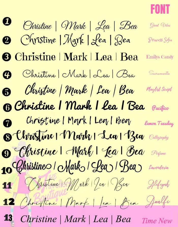Personalized eco friendly tote bag font style options from Travellers Hat Boutique with various elegant script choices