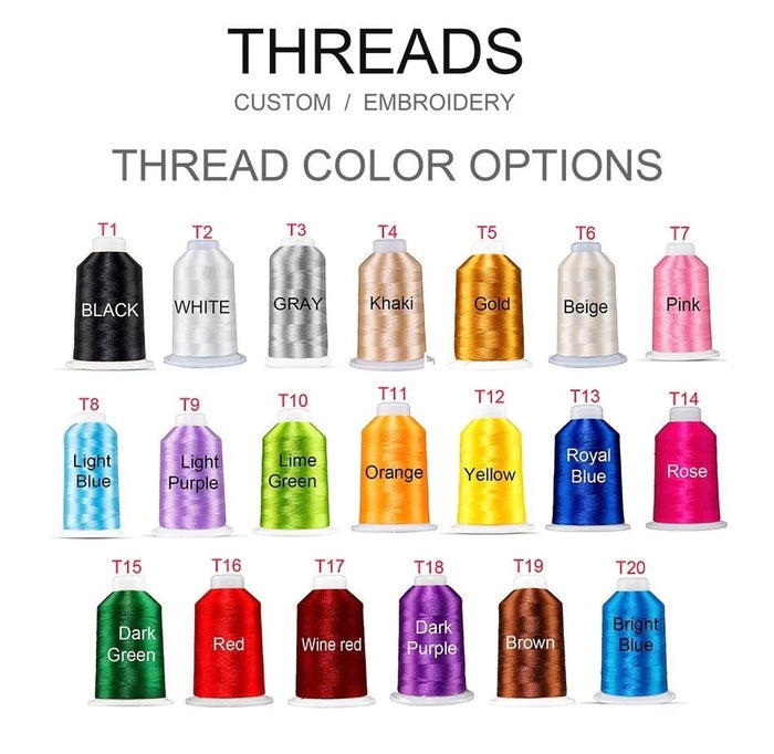 Thread color options for personalized eco friendly tote bags including black white gray gold and more