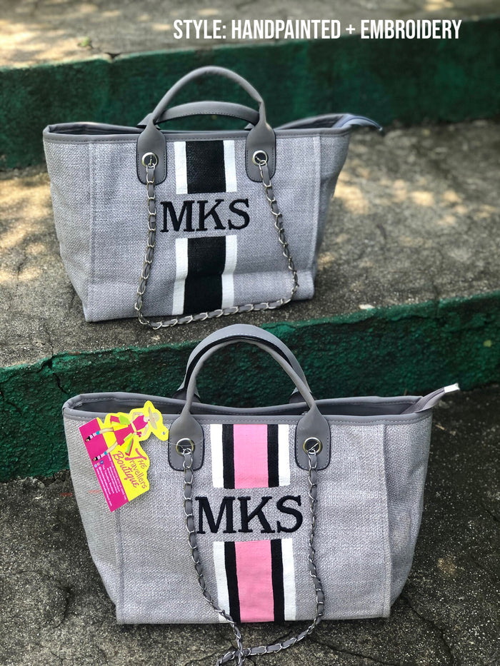 Custom monogram tote bag by Travellers Hat Boutique with handpainted and embroidered MKS design
