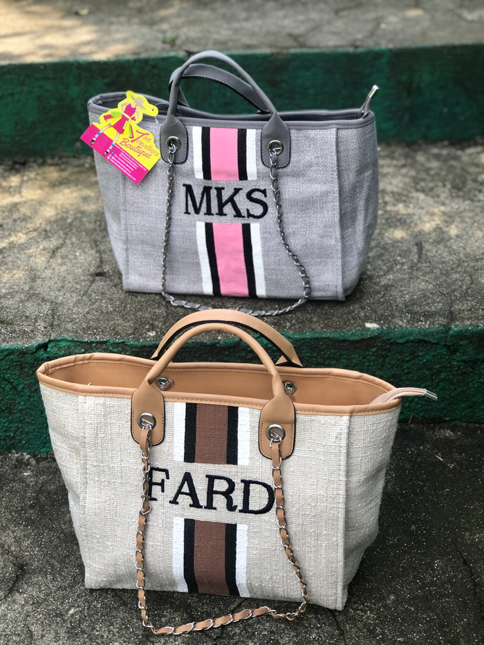 Travellers Hat Boutique custom monogram tote bag in gray with pink stripes and tan with brown stripes