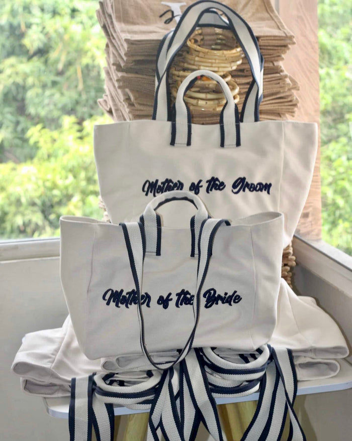 Travellers Hat Boutique embroidered boat tote bag with Mother of the Bride and Mother of the Groom text