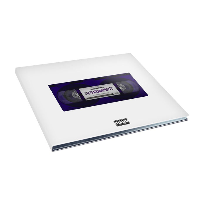 A white square vinyl record sleeve by Waterparks featuring a VHS tape labeled Entertainment in the center, plus a parental advisory sticker—a nostalgic nod to classic entertainment formats.