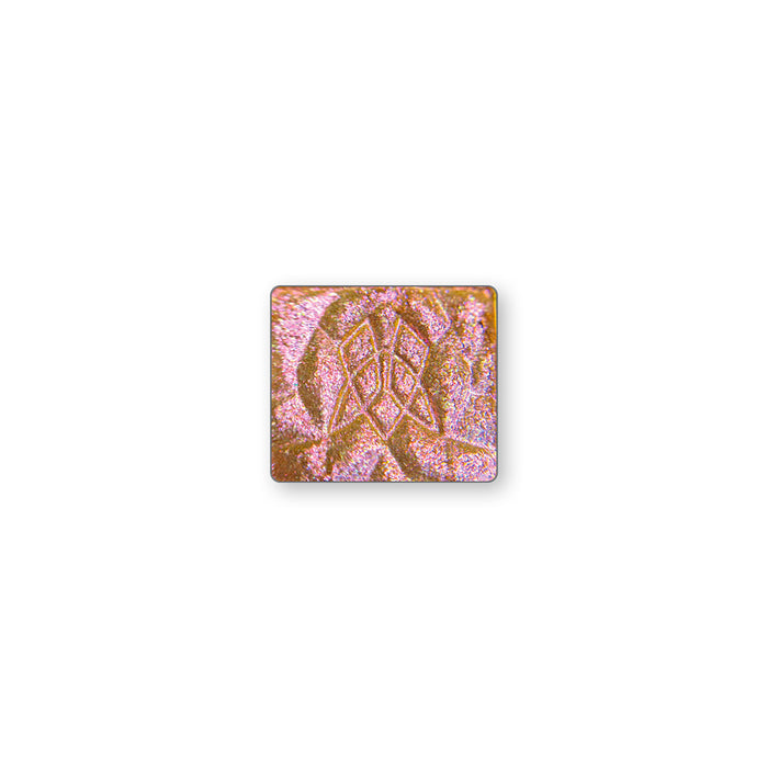A single multichrome eyeshadow in colour Entropy on a white background. A grey base with medium/large sized particles that shift cool pink-peach-yellow with hints of green and silver sparkle.