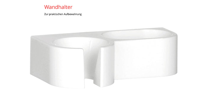Der Unold ESGE-Zauberstab® E 120 Select Weiß ist isoliert auf weißem Grund in einer weißen Wandhalterung aus Kunststoff mit zwei runden Fächern abgebildet, die oben rot mit „Wandhalter“ beschriftet und unten in Deutsch beschrieben ist.