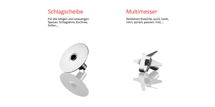 Auf weißem Grund sind zwei Metallaufsätze für den Unold ESGE-Zauberstab® M 122 De Luxe abgebildet: links die Schlagscheibe, rechts das Multimesser, beide mit deutscher Beschriftung darunter.