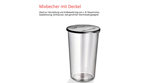 Der Mixbecher ESGE-Zauberstab® M 122 S von ESGE-Zauberstab, abgebildet mit aufgesetztem Deckel auf weißem Grund, dient der Zubereitung und Aufbewahrung von Mayonnaise, Salatdressing und Marmelade.