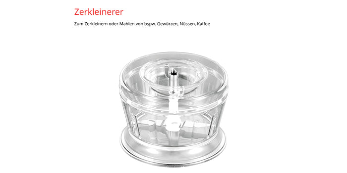 Der Unold ESGE-Zauberstab® M 200 Chrom ist ein Elektrozerkleinerer zum Zerkleinern und Mahlen von Gewürzen, Nüssen oder Kaffee. Auf weißem Hintergrund mit deutscher Beschreibung zur Verwendung in der Lebensmittelverarbeitung.