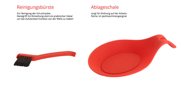Links ist der ESGE-Zauberstab® M 200 Chrom von Unold abgebildet, rechts ein roter Löffelhalter mit Griff. Beide Artikel sind auf weißem Hintergrund unter deutscher Beschriftung platziert.
