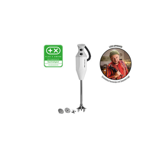 Der weiße Stabmixer ESGE-Zauberstab® P 200 Profi von Unold ist mit zwei austauschbaren Klingen, einer Nachhaltigkeitsplakette und einem Koch in gestreiftem Hemd und Mütze mit "Legen Approved"-Aufkleber abgebildet.