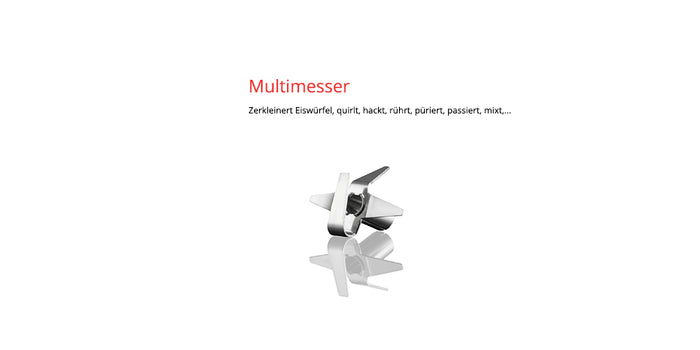 Der Edelstahl-Mehrblatt-Mixaufsatz des Unold ESGE-Zauberstab® P 350 Profi ist zentriert auf weißem Grund abgebildet, darüber weist ein deutscher Text auf die Hack-, Mix- und Pürierfunktionen hin.