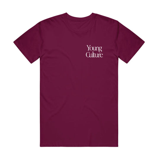 Maroon colored t-shirt with YOUNG CULTURE written in the top left side in white letters.