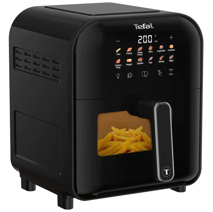 Side view of New Black Tefal Airfryer EY8218 with fries inside it