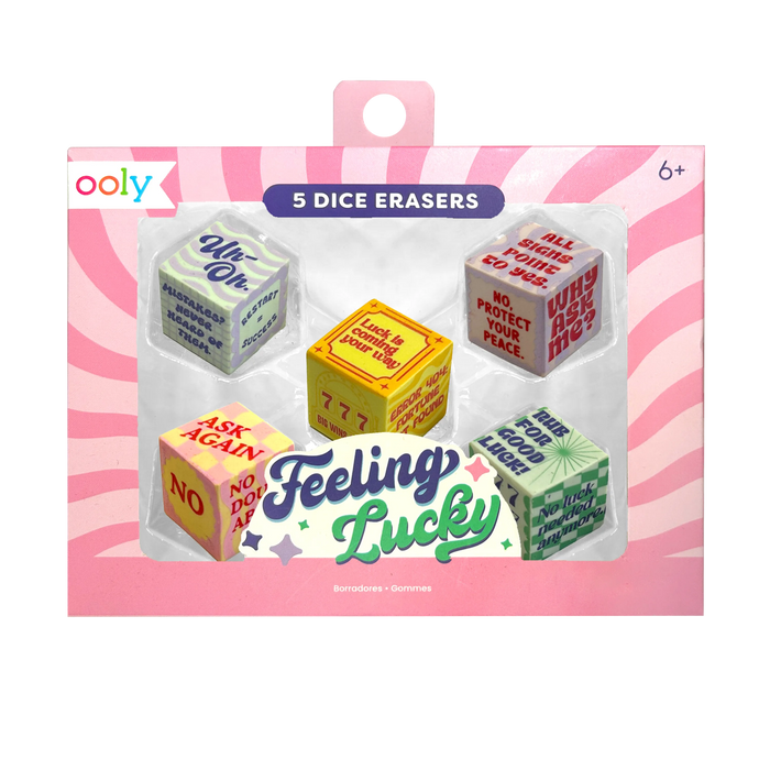 Front packaging of OOLY Feeling Lucky Dice Erasers on a white background