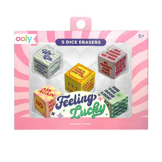 Front packaging of OOLY Feeling Lucky Dice Erasers on a white background