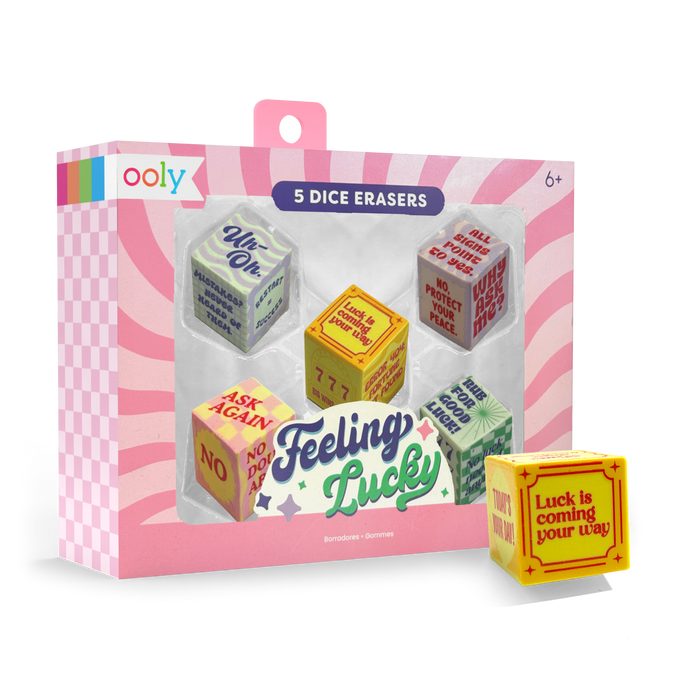 Quarter angle of packaging of OOLY Feeling Lucky Dice Erasers on a white background