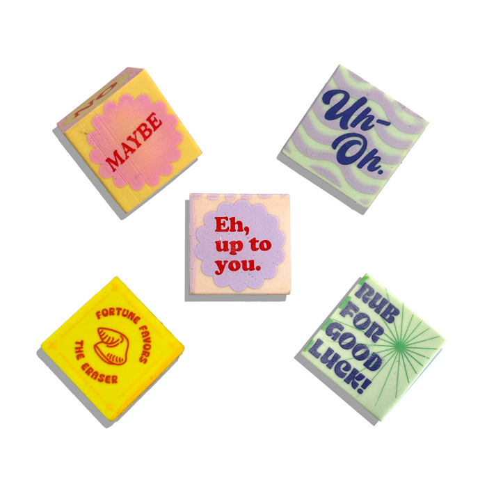 All five dice erasers from the OOLY Feeling Lucky Dice Erasers on a white background