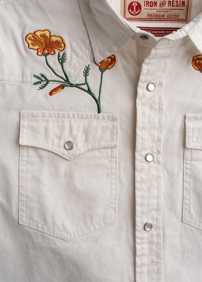 Close up of chest pocket with pearl snap closures, showcasing utility design and construction