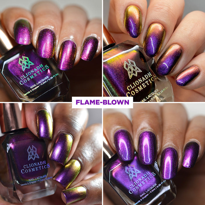 Collage of close up shots of nails done with Flame-Blown nail lacquer on various skin tones