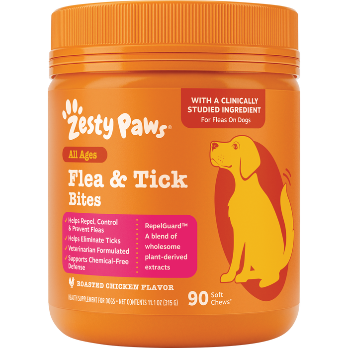 Orange jar of Zesty Paws Flea & Tick Bites soft chews for dogs with roasted chicken flavor, 90 count.