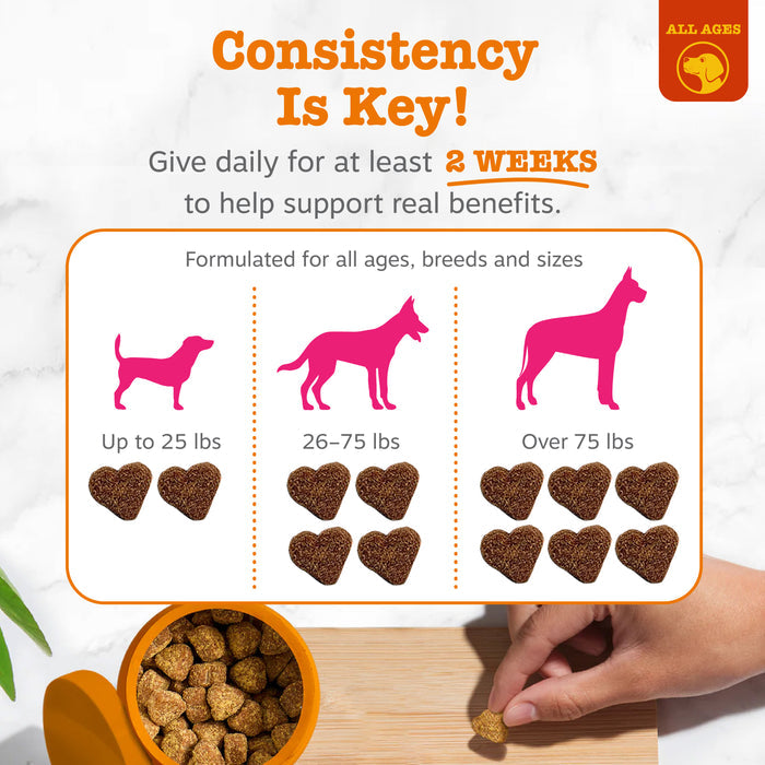 Dosage guide chart showing pink dog silhouettes by weight category with heart-shaped brown treats and hand holding single tre