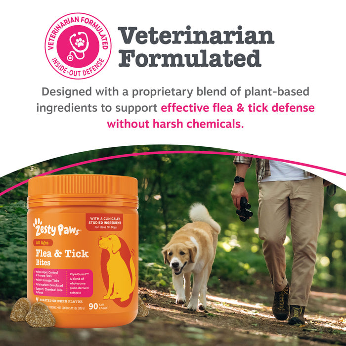 Orange container of Zesty Paw Flea & Tick Bites with yellow dog illustration, displayed next to dog on forest trail with pers