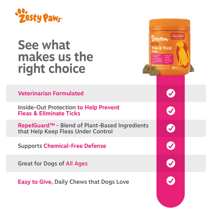 Orange bottle of Zesty Paws Flea & Tick Bites chewables with product features listed on pink checklist beside it.