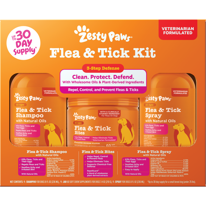 Zesty Paws Flea & Tick Kit containing shampoo, chew treats, and spray bottle on orange packaging.