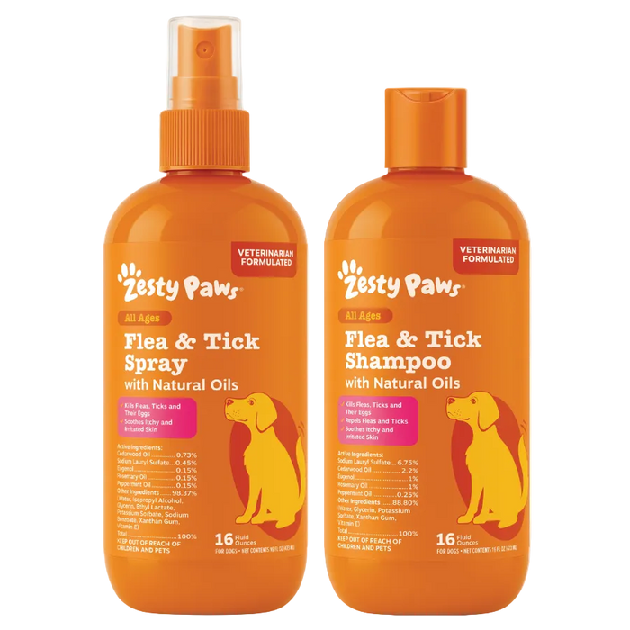 Zesty Paws flea and tick spray and shampoo bottles with orange labels and yellow dog silhouettes.
