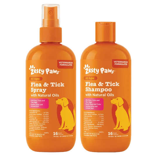 Zesty Paws flea and tick spray and shampoo bottles with orange labels and yellow dog silhouettes.