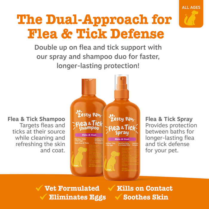 Orange bottle and spray bottle of Zesty Paws flea and tick shampoo and spray for dogs.