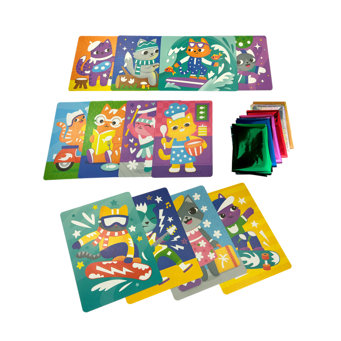 Set of colorful foil cards with cartoon cat characters from an OOLY Meow Moments Foil-Tastic foil art set on a white background
