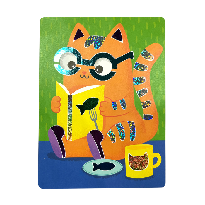 Foil art card of a cat reading a book from the OOLY Meow Moments Foil-Tastic foil art set on a white background