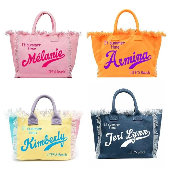 Personalized canvas tote with fringe available in pink orange yellow and navy blue by Travellers Hat Boutique