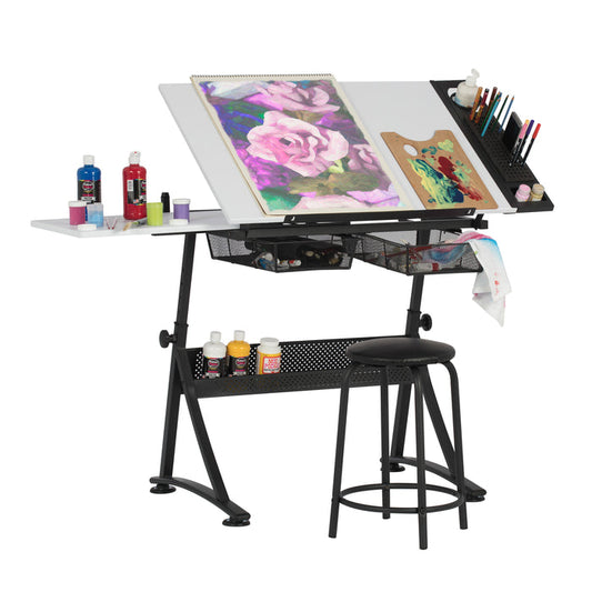 Fusion Craft Center, Drafting Table with Stool 2 Pc. Set, Height Adjustable Desk with Tilt Top, Charcoal / White -10102 -