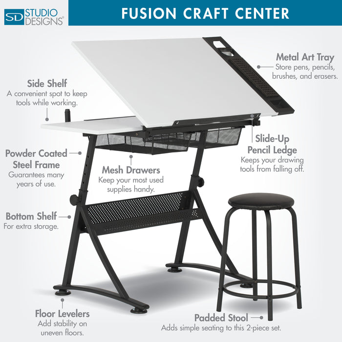 Fusion Craft Center, Drafting Table with Stool 2 Pc. Set, Height Adjustable Desk with Tilt Top, Charcoal / White -10102 -