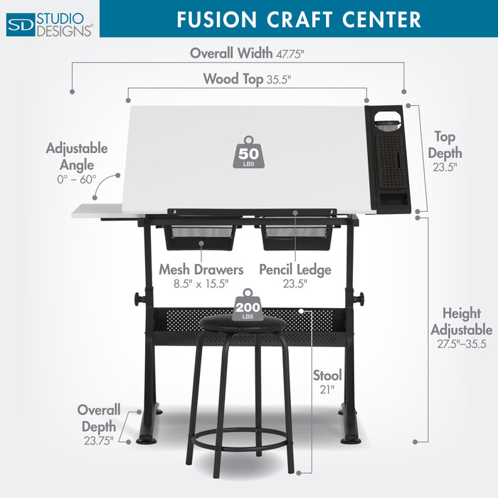 Fusion Craft Center, Drafting Table with Stool 2 Pc. Set, Height Adjustable Desk with Tilt Top, Charcoal / White -10102 -
