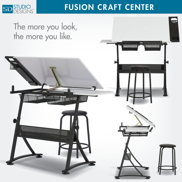 Fusion Craft Center, Drafting Table with Stool 2 Pc. Set, Height Adjustable Desk with Tilt Top, Charcoal / White -10102 -