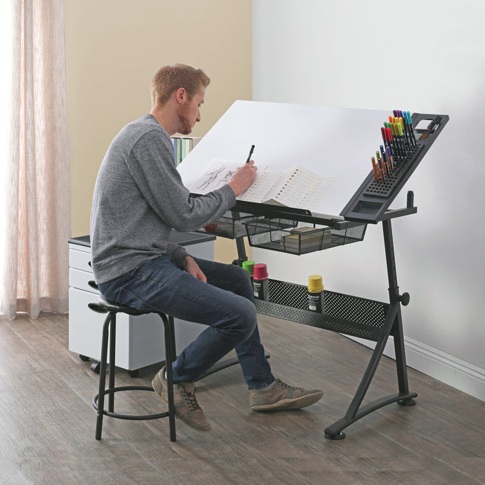 Fusion Craft Center, Drafting Table with Stool 2 Pc. Set, Height Adjustable Desk with Tilt Top, Charcoal / White -10102 -