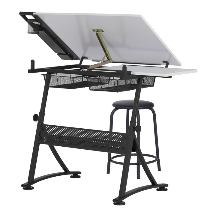 Fusion Craft Center, Drafting Table with Stool 2 Pc. Set, Height Adjustable Desk with Tilt Top, Charcoal / White -10102 -