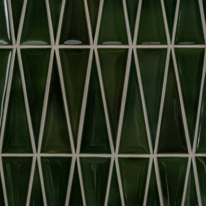 Caption: Dimensional Triangles in G16.2 Jade Manganese. Prism Natural Grey grout by Custom Building Products.