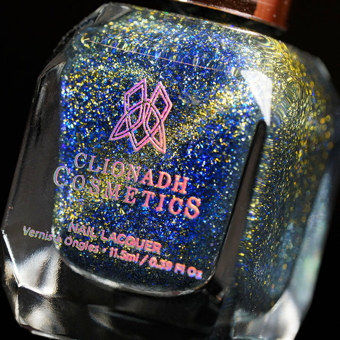 Angled, close-up of Galerina Nail Lacquer bottle, on a black background.