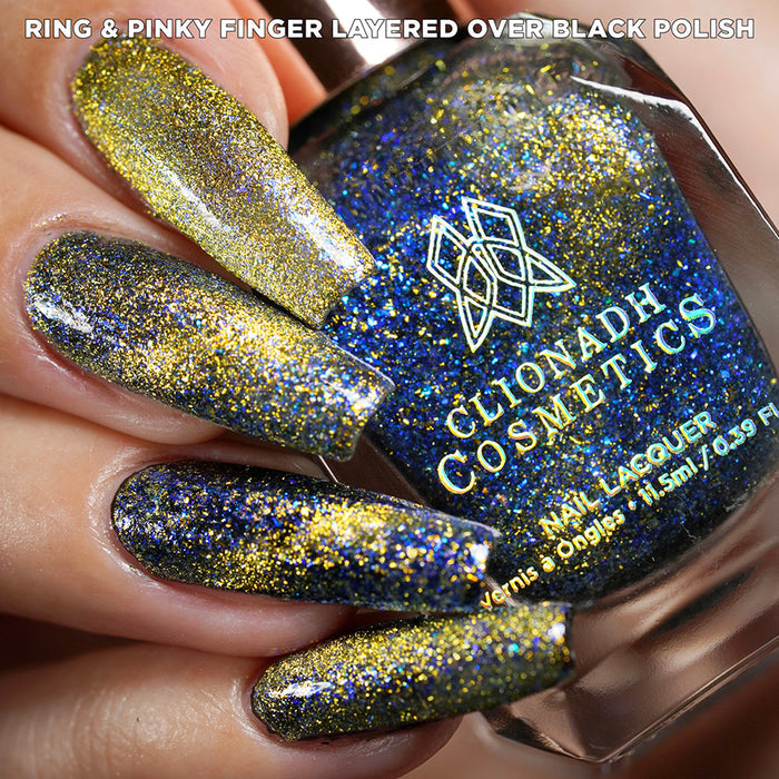 Close-up of nails painted with Galerina Nail Lacquer on fair skin tone. Hand is holding polish bottle.