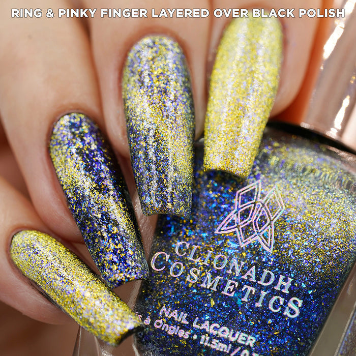 Close-up of nails painted with Galerina Nail Lacquer on fair skin tone. Hand is holding polish bottle.