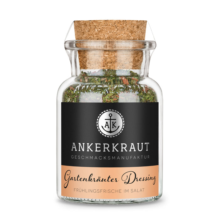 Salatgewürz von Ankerkraut im Korkenglas auf weißem Hintergrund.
