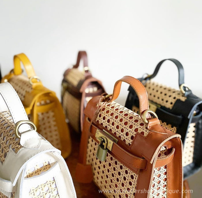 Genuine leather solihiya bag tote in various colors including brown, black, white, and yellow with woven detailing