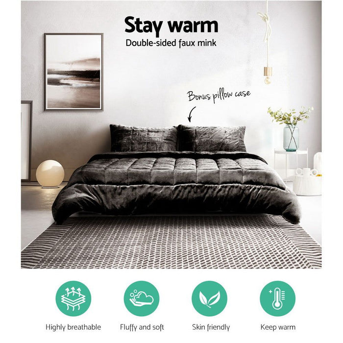 Giselle Bedding Faux Mink Quilt Queen Size Charcoal -Home Living Store - -