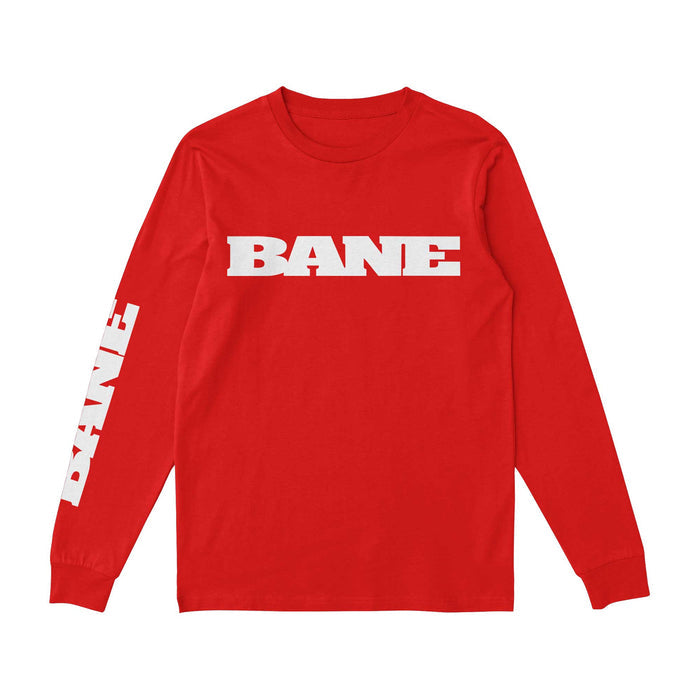 A Bane Comfort Colors Blood Long-Sleeve T-Shirt in red, featuring BANE printed in white on the chest and right sleeve for bold style and everyday comfort.