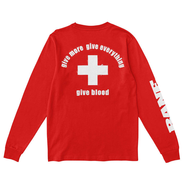 The Bane Blood Long-Sleeve T-Shirt is a bold red top with a white cross and striking phrases on the back, plus BANE on the sleeve. Made with Comfort Colors for lasting softness.
