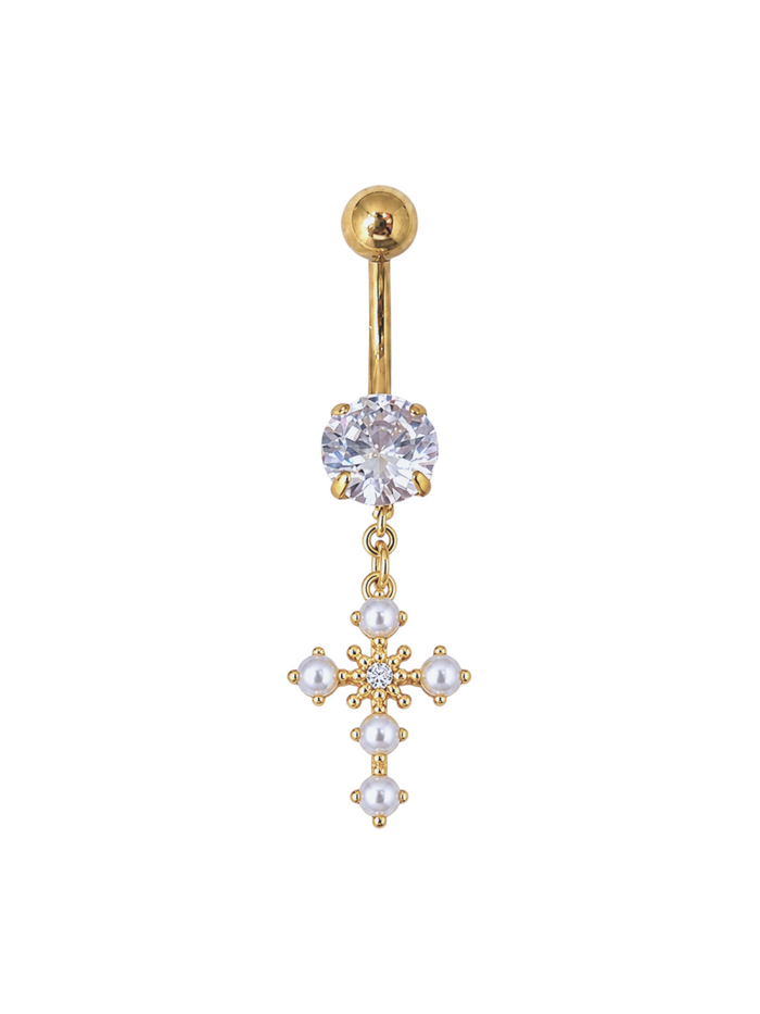 Gold Pearl Cross Belly Bar